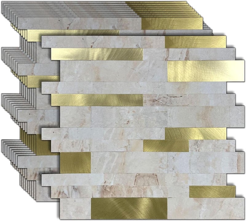 weimeisc 10-Sheet Peel and Stick Backsplash Tile, PVC Mixed Metal Stick on Backsplash Tiles for Kitchen (10, Yellow Marble+Frosted Golden) - Image 1